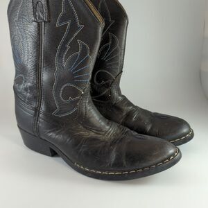 MASTERSON BOOT Co. BOY'S Sz 2, BLACK LEATHER COWBOY WESTERN BOOTS, BLUE STITCH